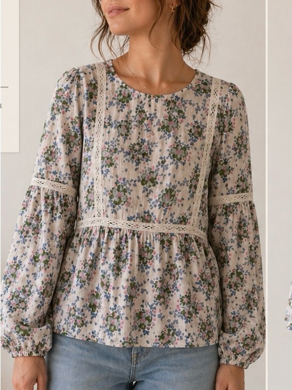 Matilda Jane Cream Floral Lace-Trim Peplum Blouse